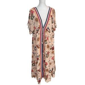 FARM RIO Anthropologie Boho Fringed Pom Pom Long Beach Coverup Women Size Medium